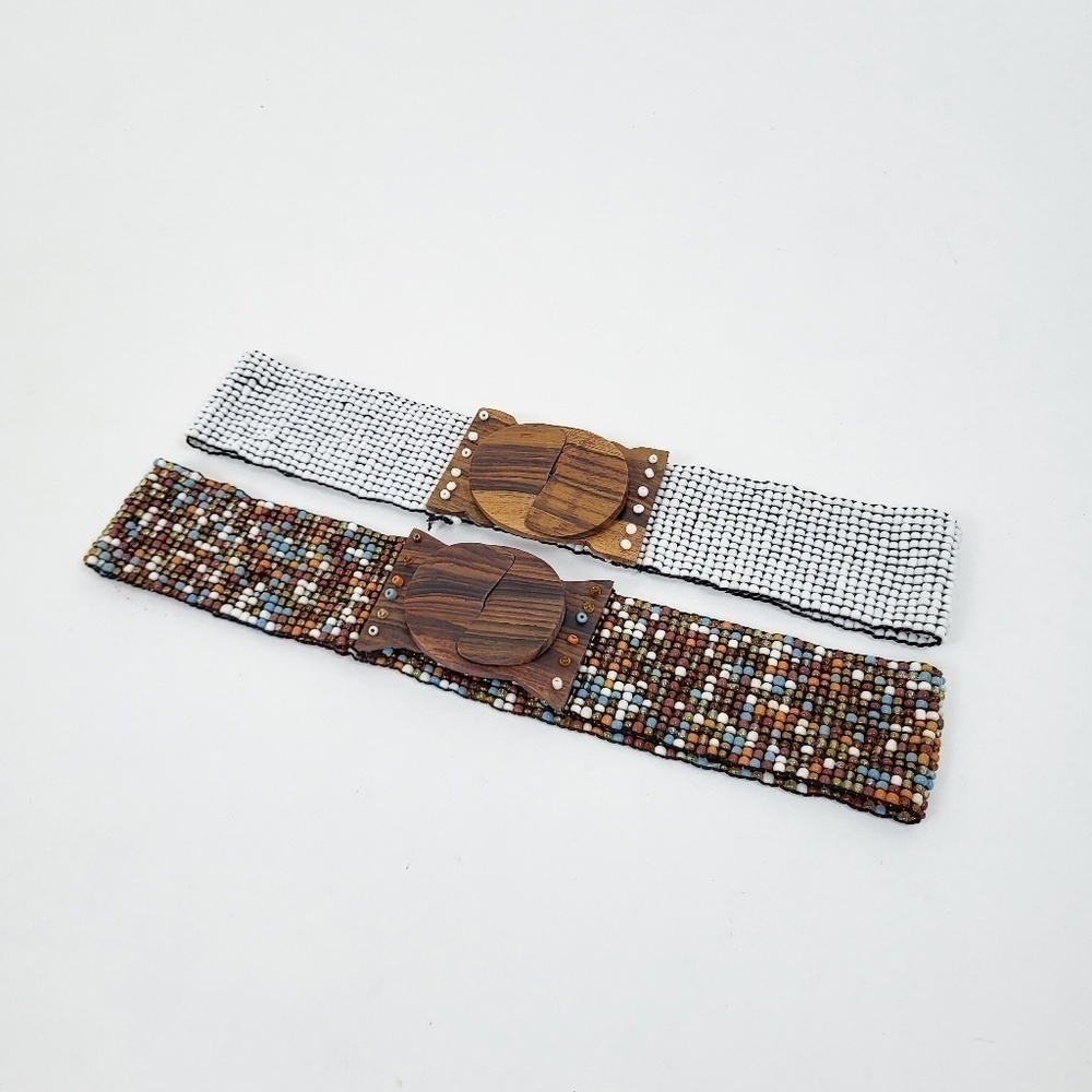 Beaded Wooden Belt Brown White Wide Thick Neutral Natural Earthy